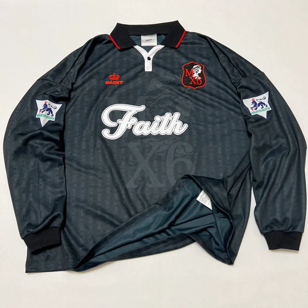 SAINT M×××××× SOCCER SHIRT 'FAITH'/BLK FAITH Football Long Sleeve Black S-XL This design has a lot of craftsmanship Digital fabric printing/front positioning printing laser cutting Offset printing + flocking printing + embossing Imported Behringer machine embroidery Flat machine collar + cuffs Genuine consistent main mark/wash mark/cherub mark